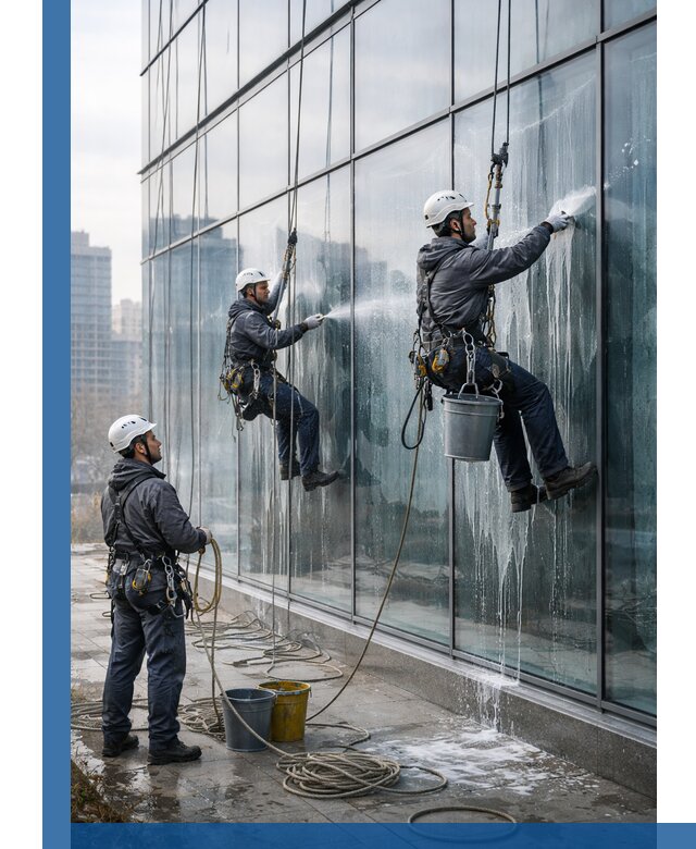 Промышленная мойка панорамных окон на высоте в Тутаеве