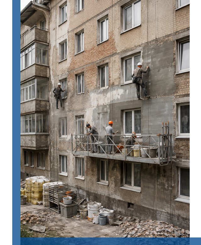 Капитальный ремонт фасада в Тутаеве с восстановлением и гидроизоляцией