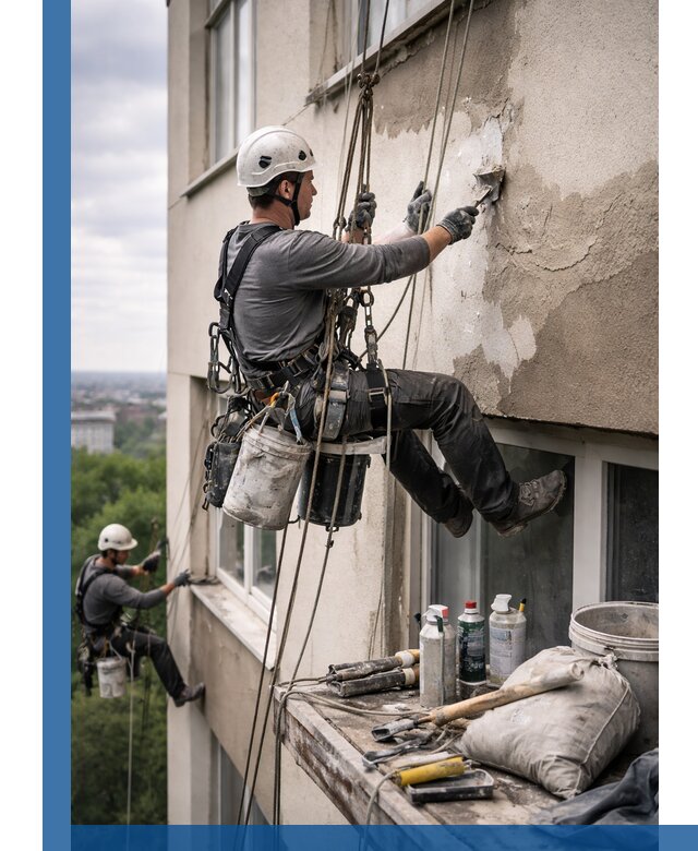 Косметический ремонт фасада зданий в Тутаеве промышленными альпинистами