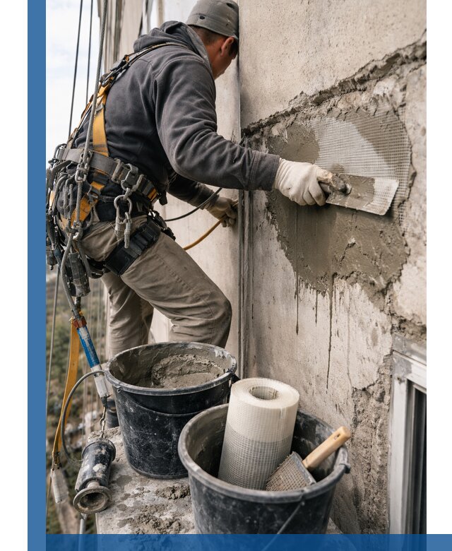 Ремонт бетонных элементов фасада промышленными альпинистами в Тутаеве