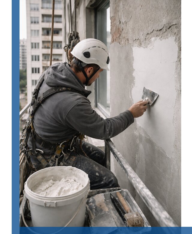 Шпаклевка фасадов на высоте с промальпинистами в Тутаеве