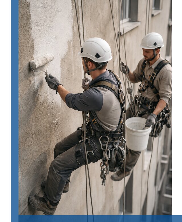 Грунтовка фасада на высоте в Тутаеве промышленными альпинистами