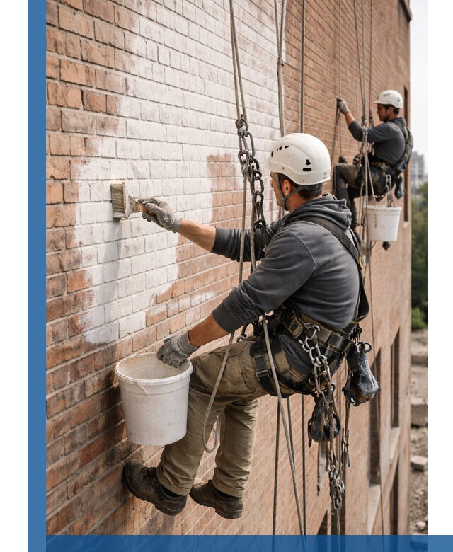 Покраска кирпичного фасада с доступным альпинистским сервисом в Тутаеве
