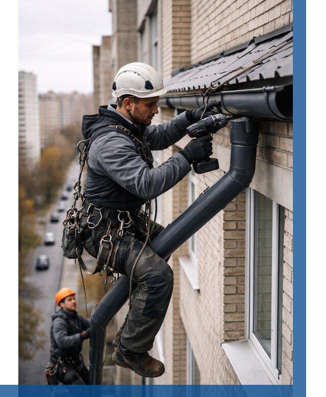 Монтаж водосточной системы на здании в Тутаеве от 5242 р. | ВЫСОТНИК-Ттв