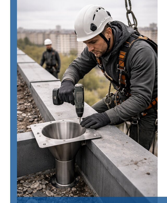 Монтаж водосточных воронок в Тутаеве для промышленных зданий