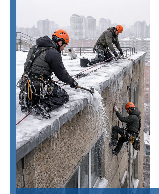 Удаление наледи с кровли в Тутаеве промышленными альпинистами