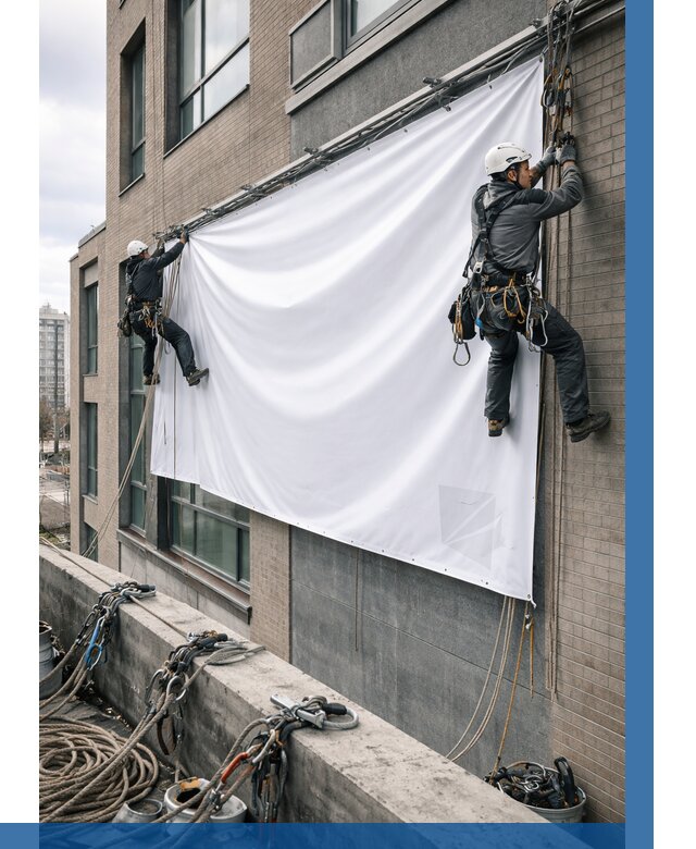 Монтаж баннеров на фасаде в Тутаеве от 681 р. заказать ВЫСОТНИК-Ттв