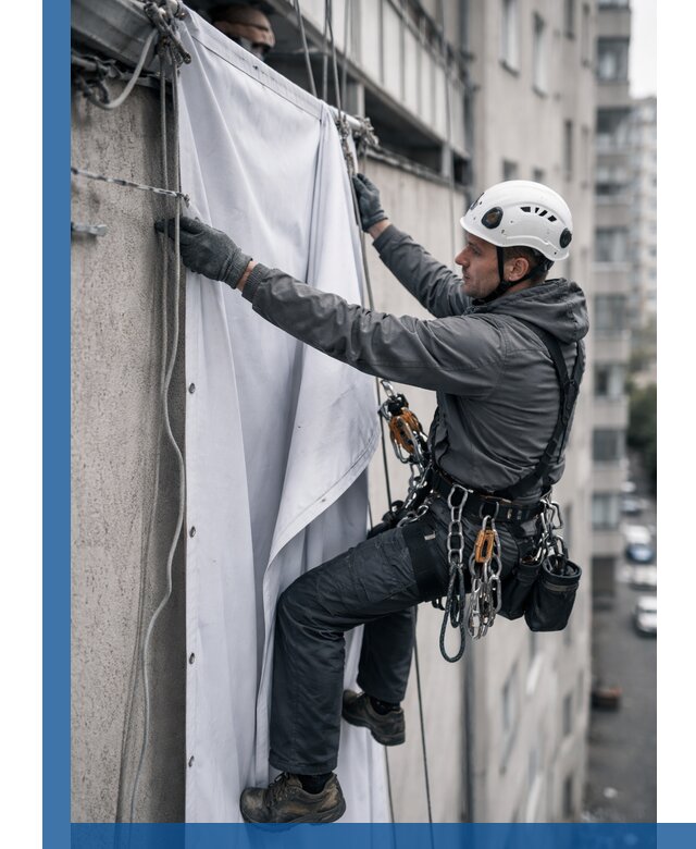 Замена баннерного полотна промышленными альпинистами в Тутаеве