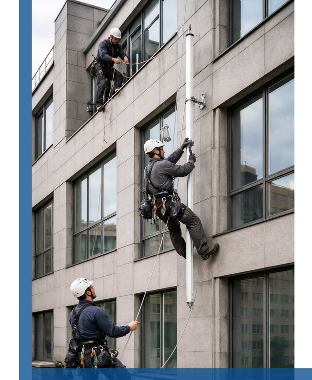 Монтаж флагштока на фасаде здания с креплением и герметикой в Тутаеве
