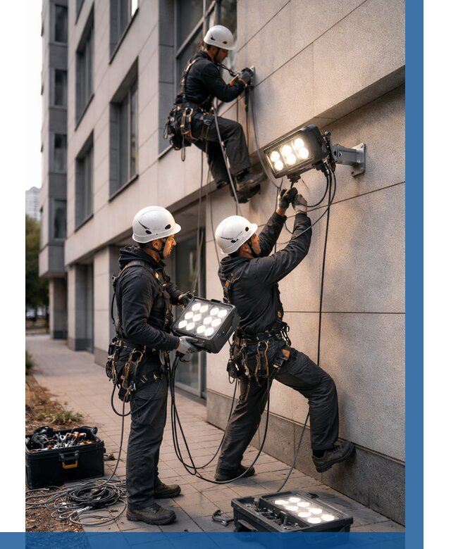 Монтаж прожекторов на фасаде в Тутаеве от 7863 р. | ВЫСОТНИК-Ттв