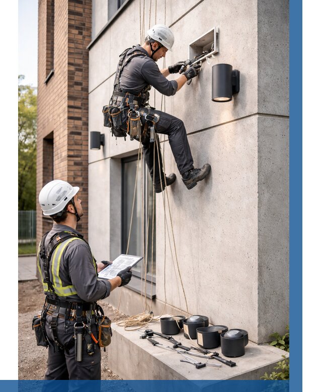 Монтаж фасадного освещения в Тутаеве от 2621 р. | ВЫСОТНИК-Ттв