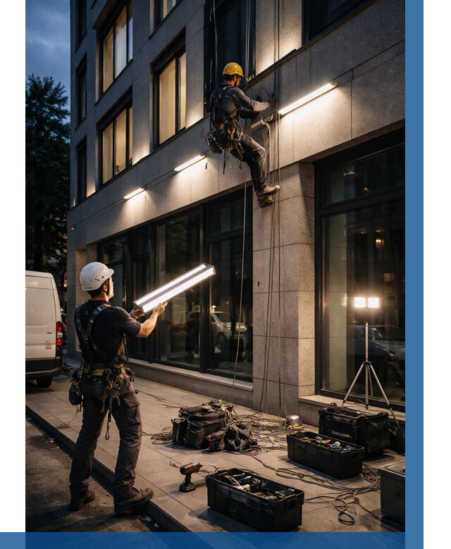 Монтаж архитектурной подсветки здания в Тутаеве от 2621 р.|ВЫСОТНИК-Ттв