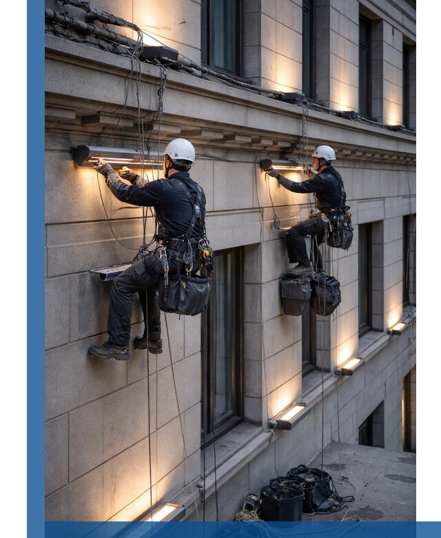 Монтаж архитектурной подсветки фасадов зданий в Тутаеве