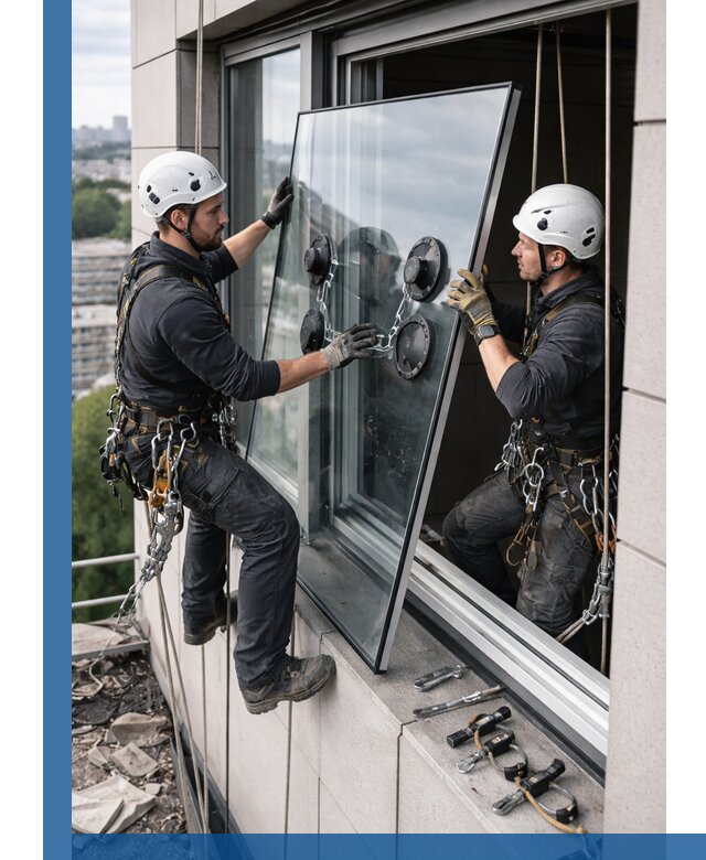 Замена стеклопакетов на высоте с промышленными альпинистами в Тутаеве