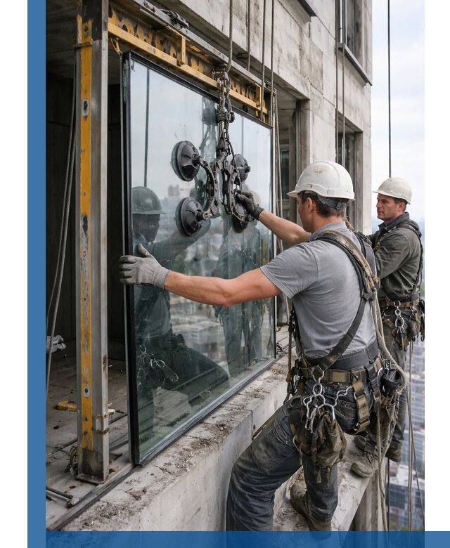 Монтаж стеклопакетов на высоте в Тутаеве с промышленным альпинизмом