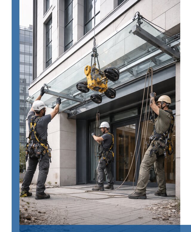 Монтаж стеклянных козырьков под ключ в Тутаеве для зданий