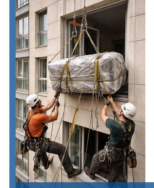 Подъем грузов через окно в Тутаеве промышленными альпинистами