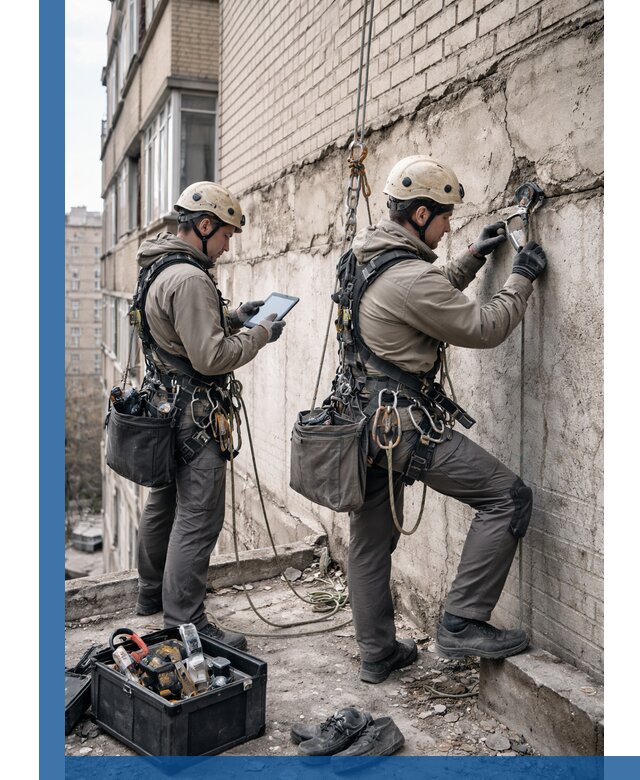 Обследование фасада промышленными альпинистами в Тутаеве